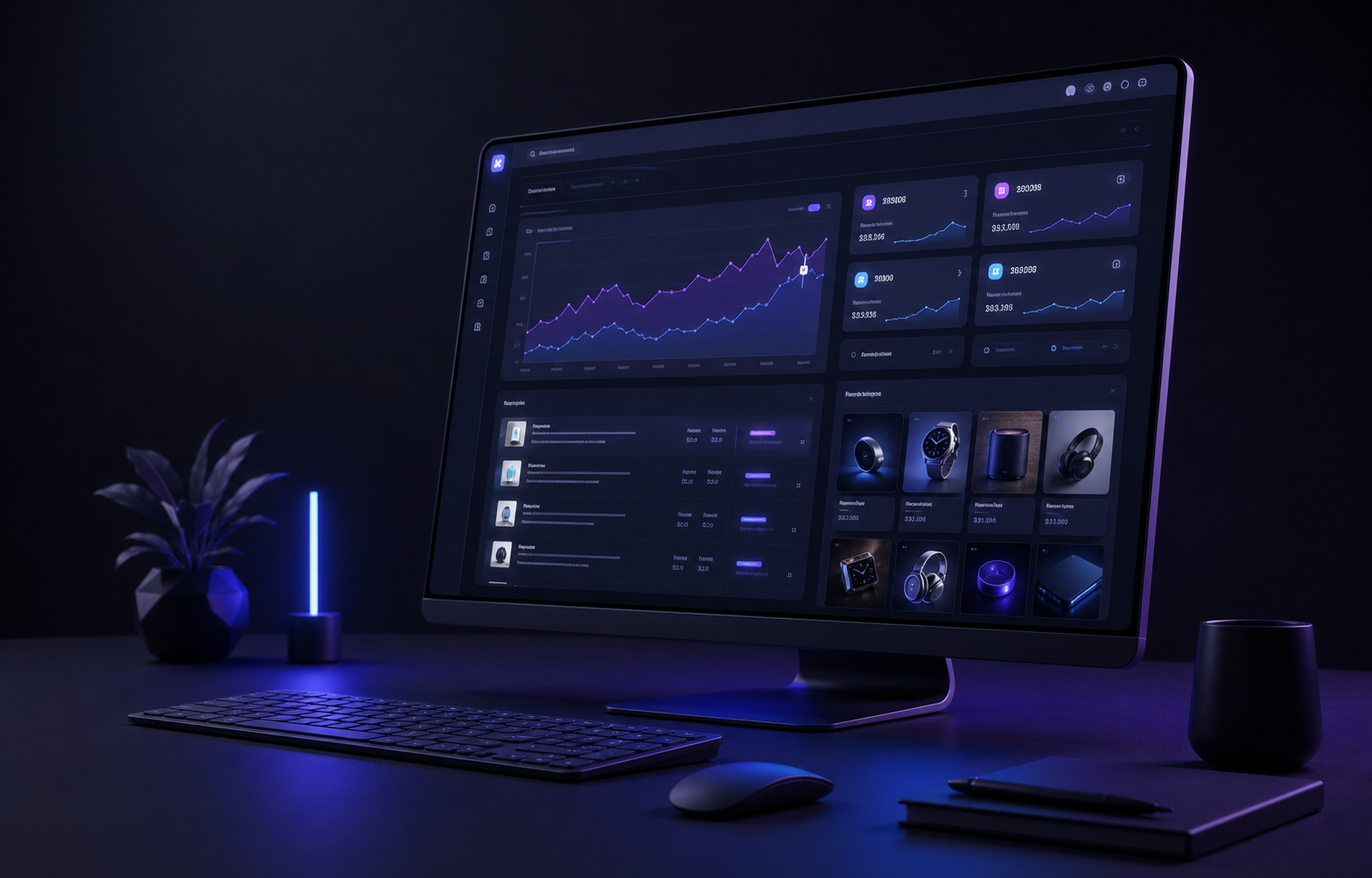 Dark product-research dashboard with trend charts and marketplace product cards