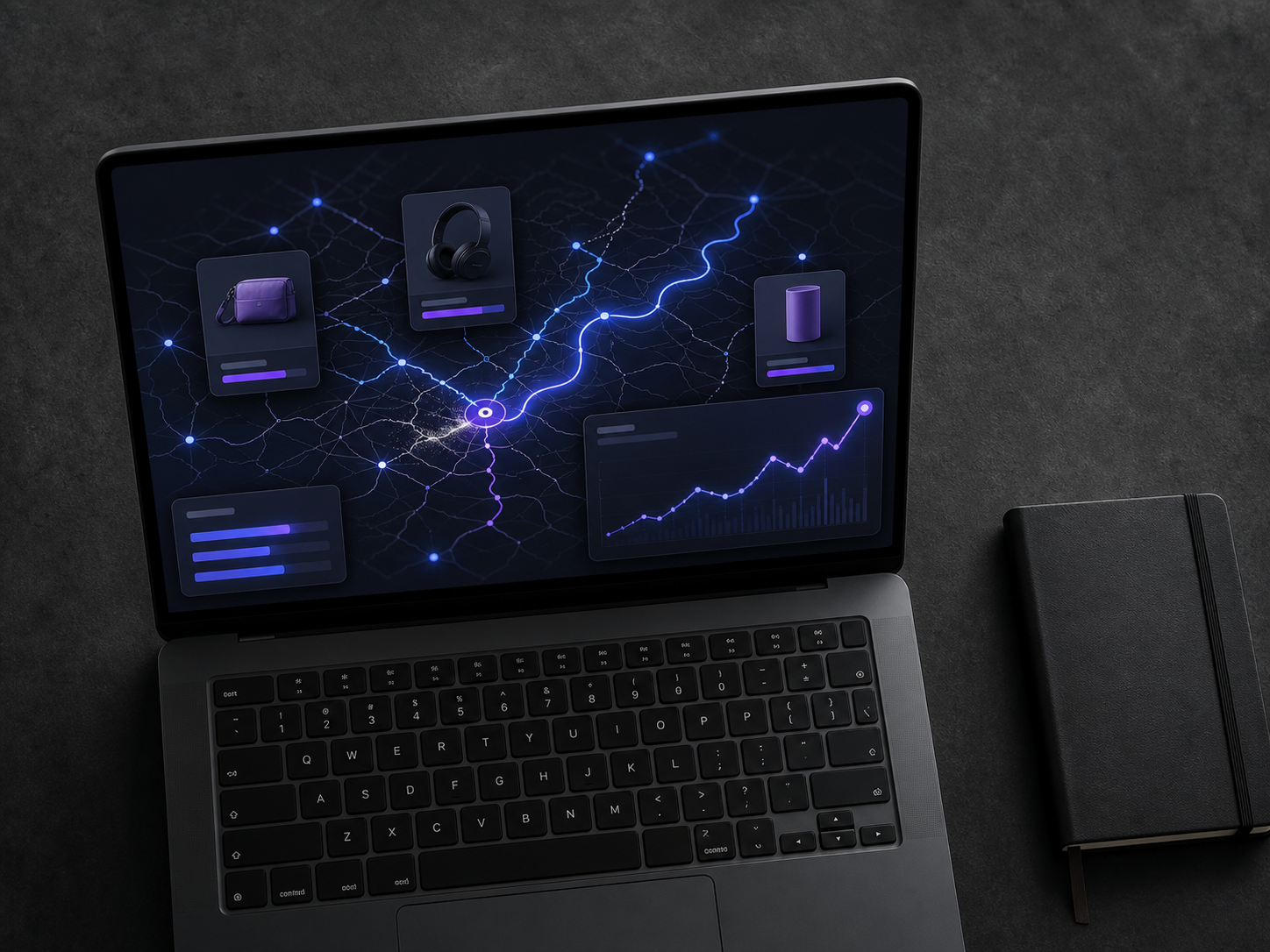 Laptop showing a visual map of product opportunities and market movement