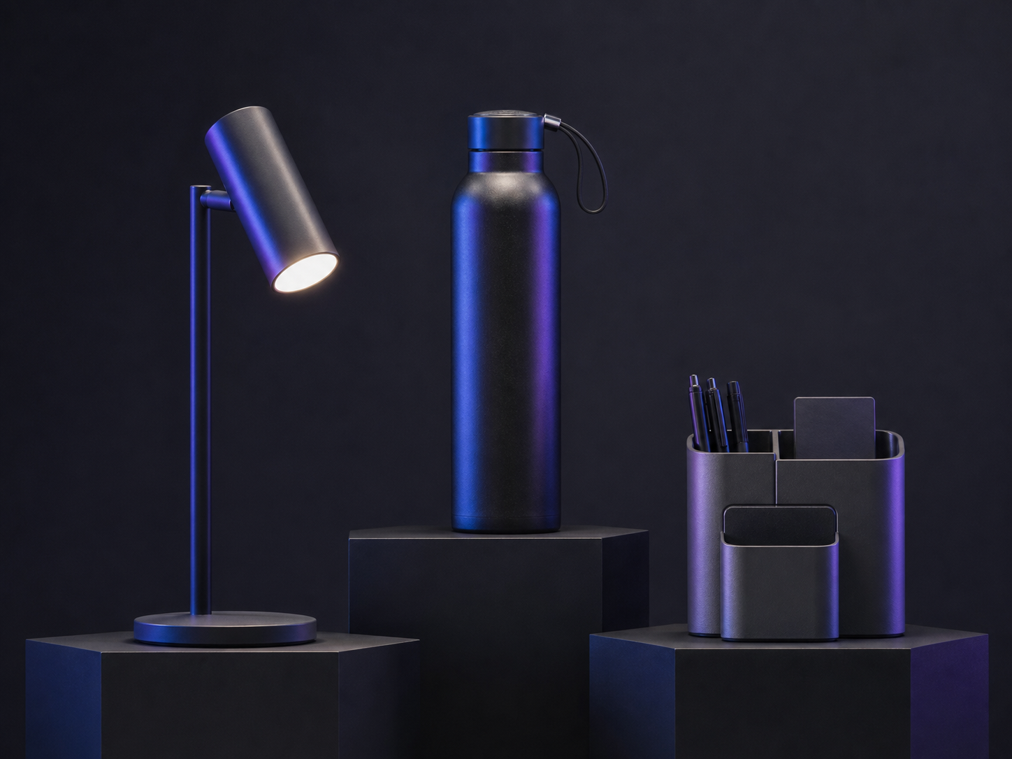Curated ecommerce product shortlist photographed in a dark studio